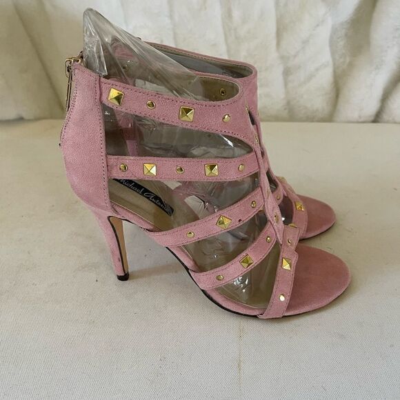 Michael Antonio light pink faux suede gladiator heels with gold tone studs SZ8 - Picture 10 of 13